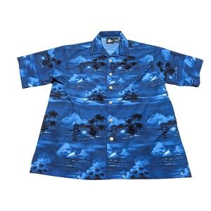 Street Culture Shirt Men Large Blue Tiki Tropical Island Camp Aloha Hawaiian Top